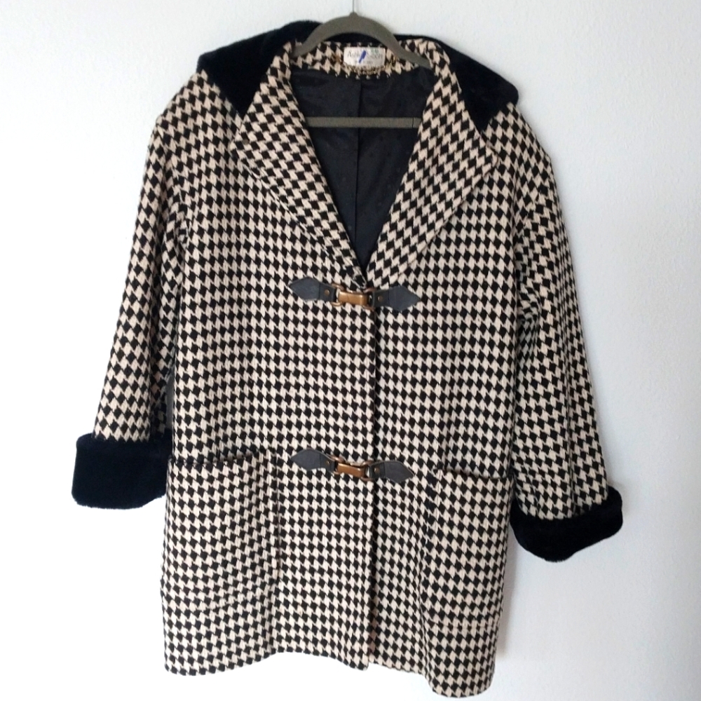 Ashley Scott Vintage Wool Houndstooth Hooded Coat